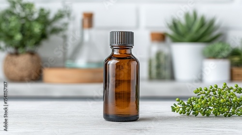 Amber glass bottle on a light colored surface with greenery.