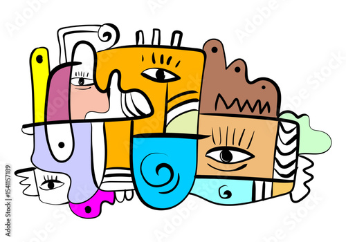 expressive abstract face art composition with a dominant light blue and white figure