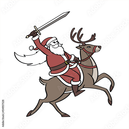 Santa claus riding reindeer holding sword cartoon illustration