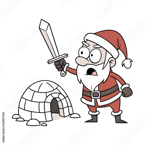 Santa claus with sword near igloo cartoon illustration