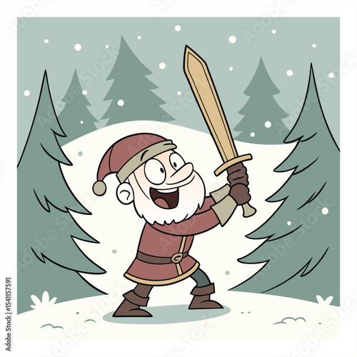 Cartoon man with sword in winter landscape illustration