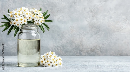 Small glass jar filled with light-colored liquid, surrounded by white flowers.
