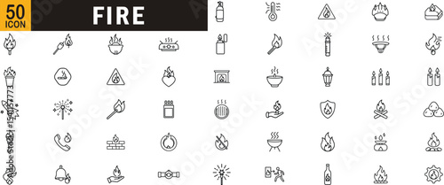 Fire editable outline icon set. Flame, matchstick, torch, fireplace, candle, warning and more.
