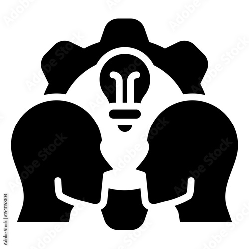 Brainstorming Team Glyph Black Fill Silhouette Style Icon - Two heads facing each other under a gear with a lightbulb, showing collaborative idea generation