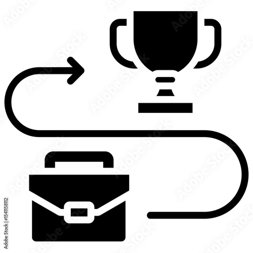 Career Path Glyph Black Fill Silhouette Style Icon - A winding path with briefcase leading to a trophy, symbolizing personal or professional journey