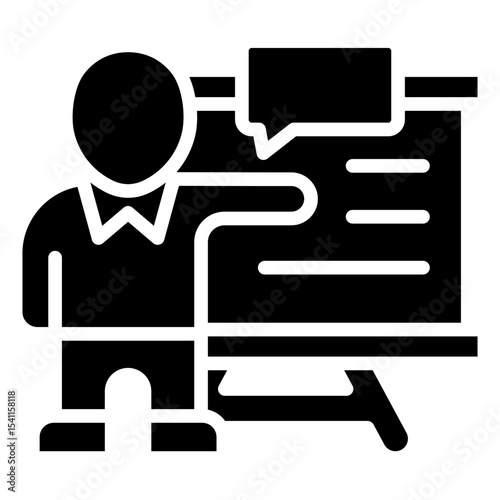 Business Presentation Glyph Black Fill Silhouette Style Icon - Person presenting data on board with speech bubble, representing meeting or pitch