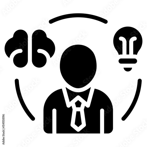 Creative Mind Glyph Black Fill Silhouette Style Icon - A professional with brain and lightbulb around, showing balanced logic and creativity