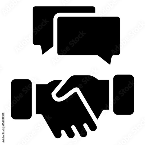 Partnership Deal Glyph Black Fill Silhouette Style Icon - Two hands shaking in front of speech bubbles, representing agreement and mutual communication