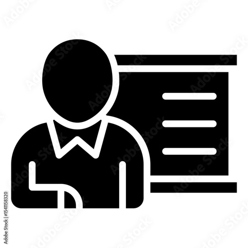 Presentation Glyph Black Fill Silhouette Style Icon - Person giving a presentation in front of a board, showing charts or visual data in a formal setting