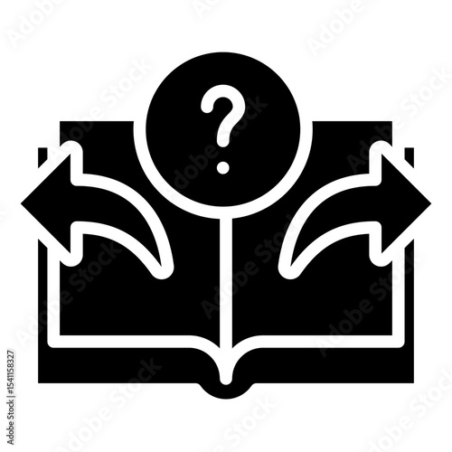 Open Book Help Glyph Black Fill Silhouette Style Icon - Open book with a question mark and arrows, symbolizing finding answers or exploring choices