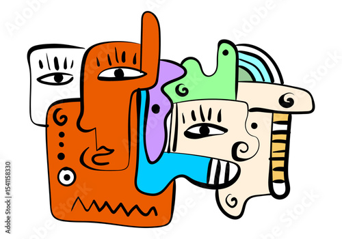 expressive abstract face art composition with a dominant light blue and white figure