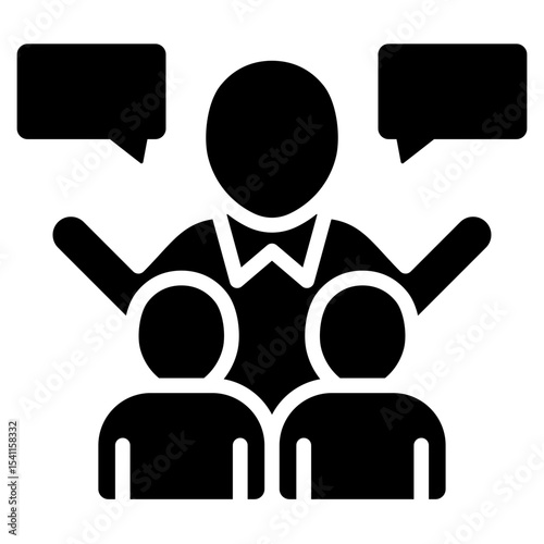 Public Speaking Glyph Black Fill Silhouette Style Icon - A speaker addressing two listeners with speech bubbles, indicating small group communication