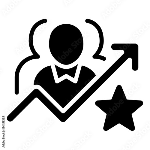 Rising Star Glyph Black Fill Silhouette Style Icon - A person in front of a group with rising arrow and star, symbolizing leadership and success
