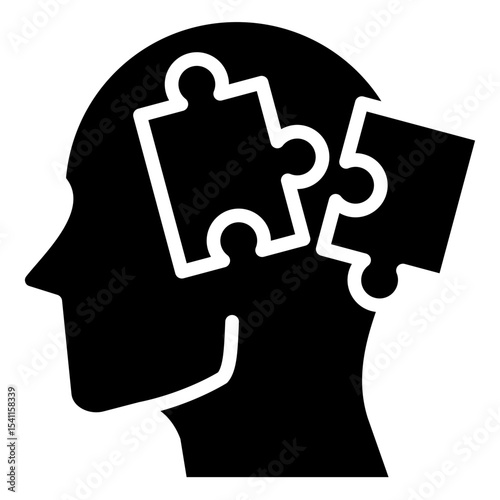 Puzzle Mind Glyph Black Fill Silhouette Style Icon - A human head with puzzle pieces, symbolizing cognitive processes and problem-solving