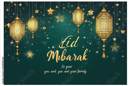 Golden lanterns and sparkling stars create an atmospheric Eid Mubarak greeting on a dark background