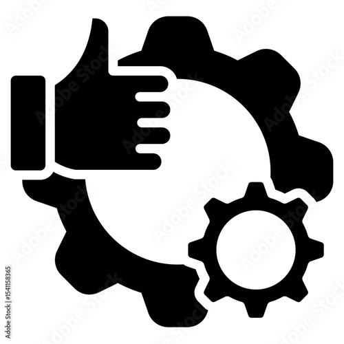 Service Quality Glyph Black Fill Silhouette Style Icon - Hand giving thumbs up beside cogwheel, symbolizing approval and optimized performance