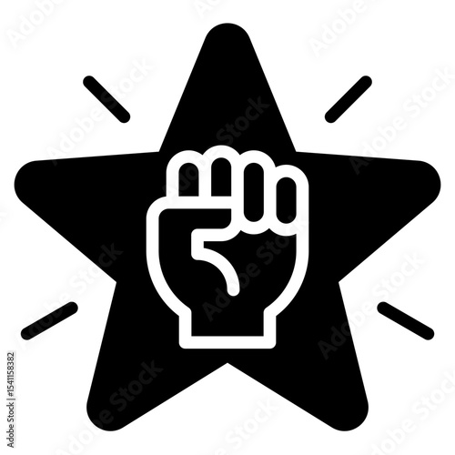 Star Power Glyph Black Fill Silhouette Style Icon - A clenched fist in a star, representing strength, motivation, and standout performance