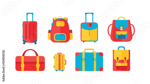 Illustration of various travel bags including suitcases backpacks and duffel bag in flat design style