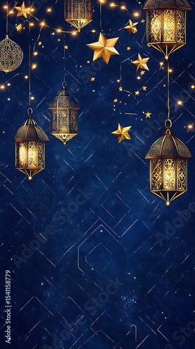 Golden lanterns and sparkling stars illuminate a serene and beautiful night sky background