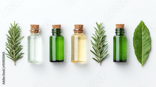 Essential oils and herbs arranged on a white background.