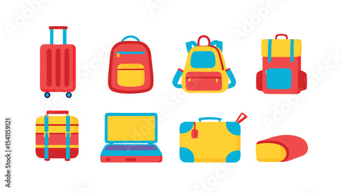 Illustration of assorted travel bags and backpacks in bright colors for vacation and trip preparation