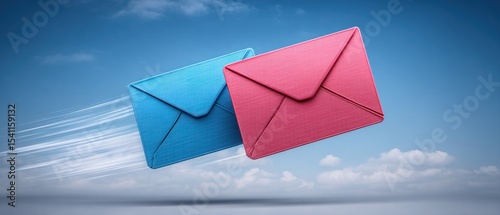 Two colorful envelopes floating in the sky