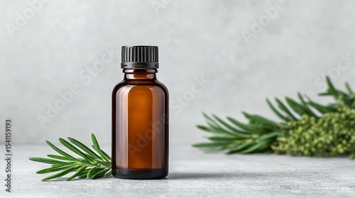 Amber glass bottle with herbal sprigs.