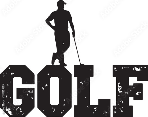 Golfer Silhouette on Distressed GOLF Text Sporty Design