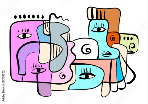 expressive abstract face art composition with a dominant light blue and white figure
