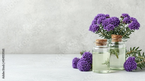 Clear glass bottles of essential oil with purple flowers.