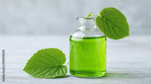 Green liquid in a glass bottle with a leaf.