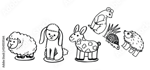 Cute illustrated line art animals sheep poodle llama koala hedgehog and porcupine perfect for children designs