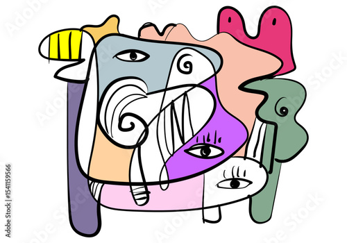 expressive abstract face art composition with a dominant light blue and white figure