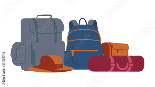 Illustration of a collection of travel bags including backpacks and a duffel bag with a hat placed nearby
