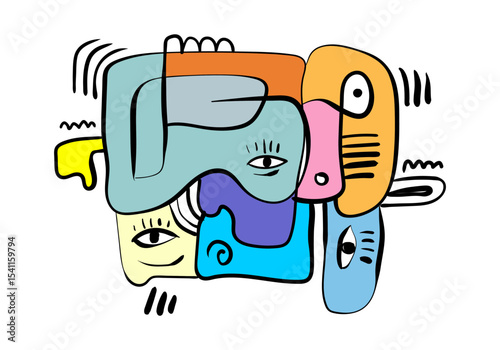 expressive abstract face art composition with a dominant light blue and white figure