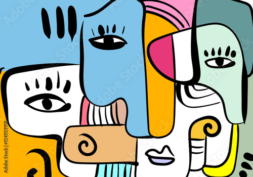 expressive abstract face art composition with a dominant light blue and white figure