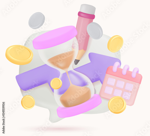 Hourglass calendar and stock chart pencil and silver coin gold coin images representing various icons for use as decoration and clip art.