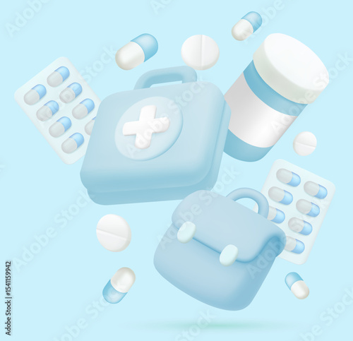 Cute illustration of generic medicine blister pack for drugstore to use for promoting medicine and nutrition on light blue Pastel tones background.