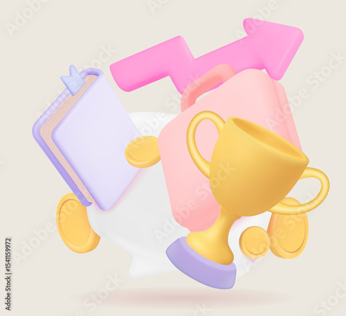 golden trophy, stock chart, and the chart showing the rise of the stock indicate the plan to gain benefits in the future.Pastel tones