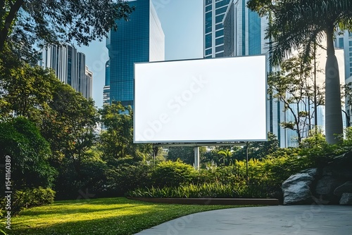 Blank Urban Billboard Facing City Park Skyline Backdrop