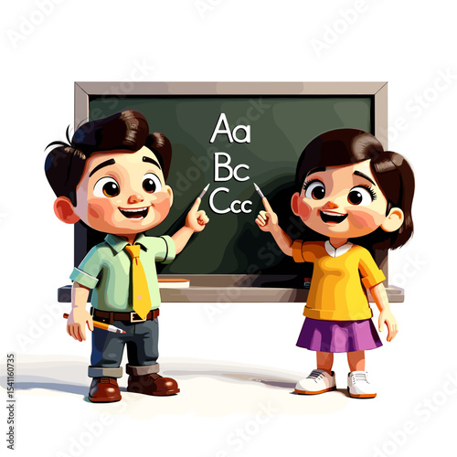 Teacher Pointing at Blackboard with Alphabet Letters - Educational Stock Illustration