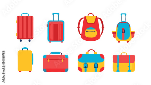 Illustration of various types of luggage including suitcases and backpacks in bright colors