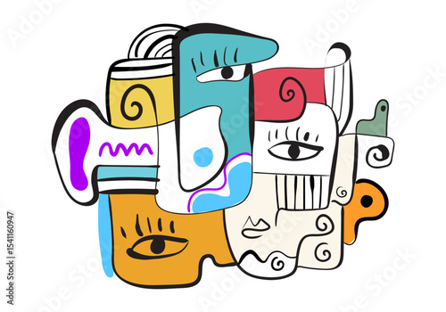 expressive abstract face art composition with a dominant light blue and white figure