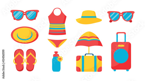 Illustration of beach vacation essentials including swimwear sunglasses and luggage in bright colors