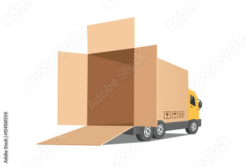Yellow container truck in rear view, cardboard look like container truck has its rear hatch open and is empty inside ,vector 3d illustration isolated on white background for delivery advertising