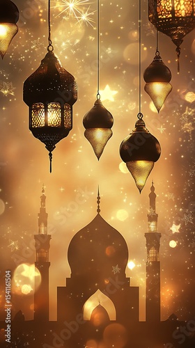 Golden lanterns illuminate a serene silhouette of a mosque amidst twinkling stars and bokeh effects