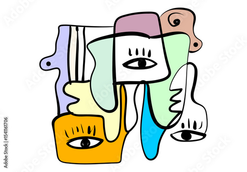 expressive abstract face art composition with a dominant light blue and white figure