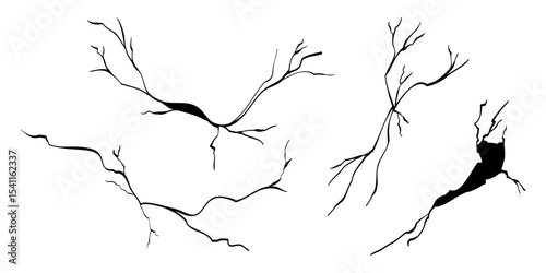 Hand drawn cracked wall, ground, glass, egg. doodle break set. vector illustration