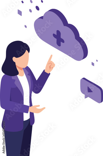 Businesswoman interacting with purple cloud cancellation icon in digital interface vector illustration 