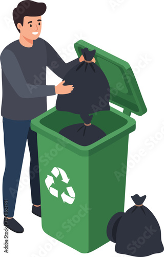 Man disposing black garbage bags into green recycling bin with recycling symbol vector illustration 